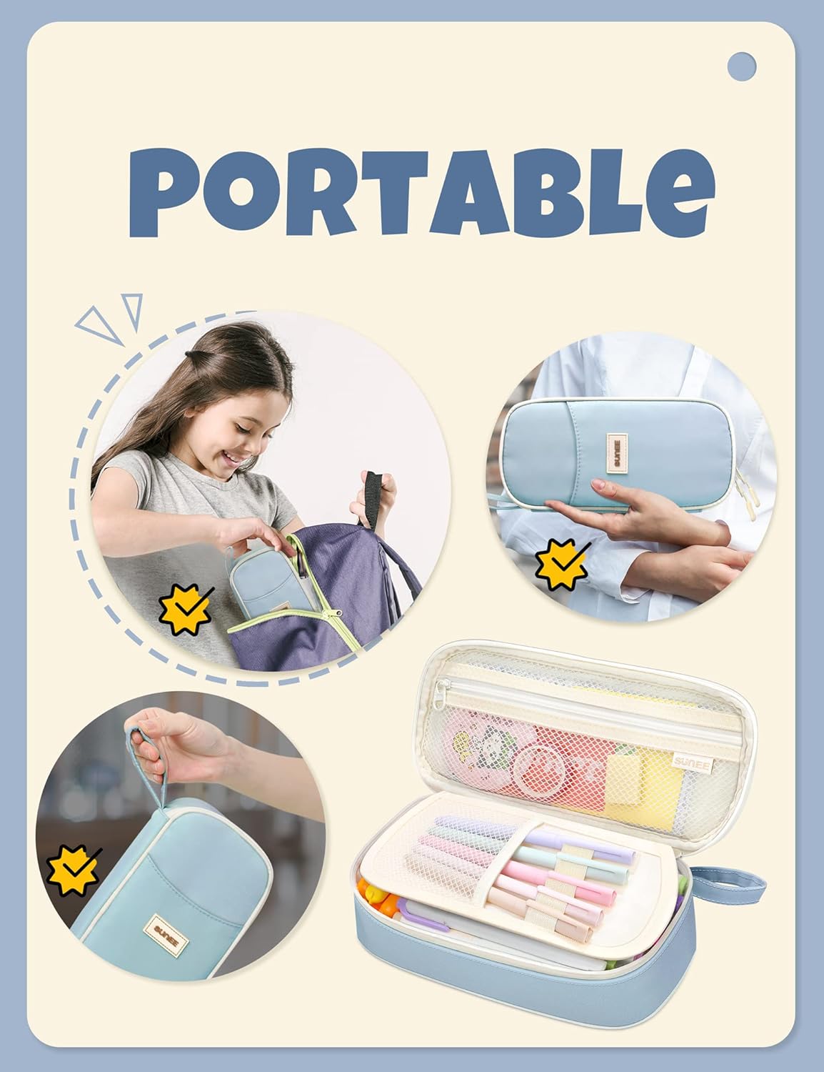 SUNEE Cute Pencil Case. Aesthetic Pen Pouch. Colored Large Pencil Bag with Zipper. Kawaii Stationery Storage and Organizer. School Supplies for Teen and Adult Girls. Blue - Image 6