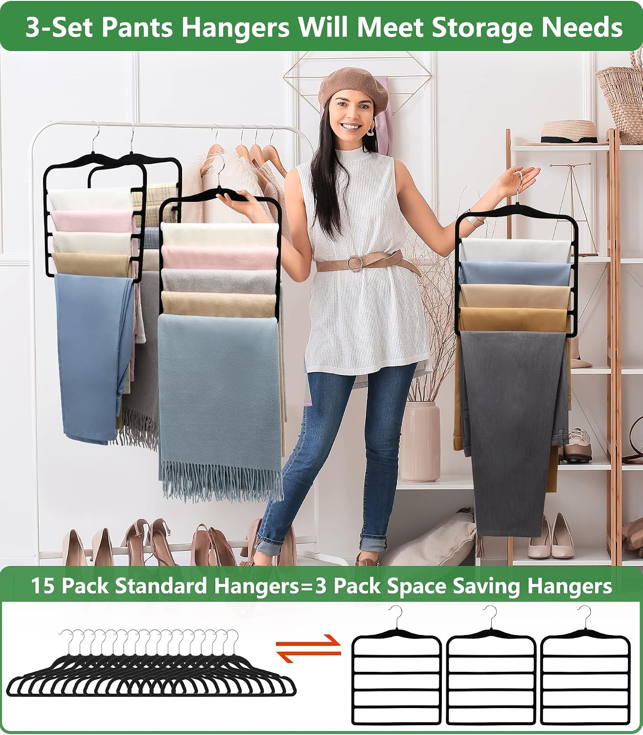 Closet Organizers and Storage.3 Pack Organization and Storage Pants-Hangers-Space-Saving.Velvet Hanger for Dorm Room for College Students Girls Boys Guys Hanging Jean Scarf - Image 3